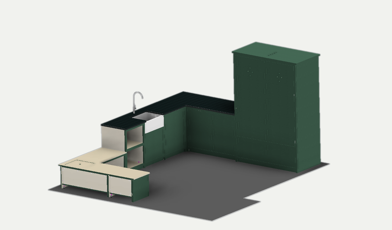 3D design of a fitted utility room: sink run with dark worktop, stacked laundry housing, tall storage cupboards and a boot bench in forest green